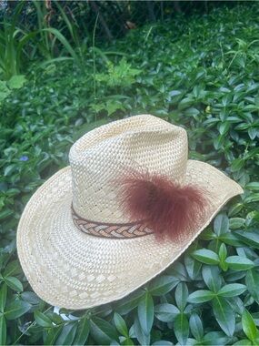 Resistol Stagecoach Straw Cowboy Hat Brown Feather Trim Western Made USA